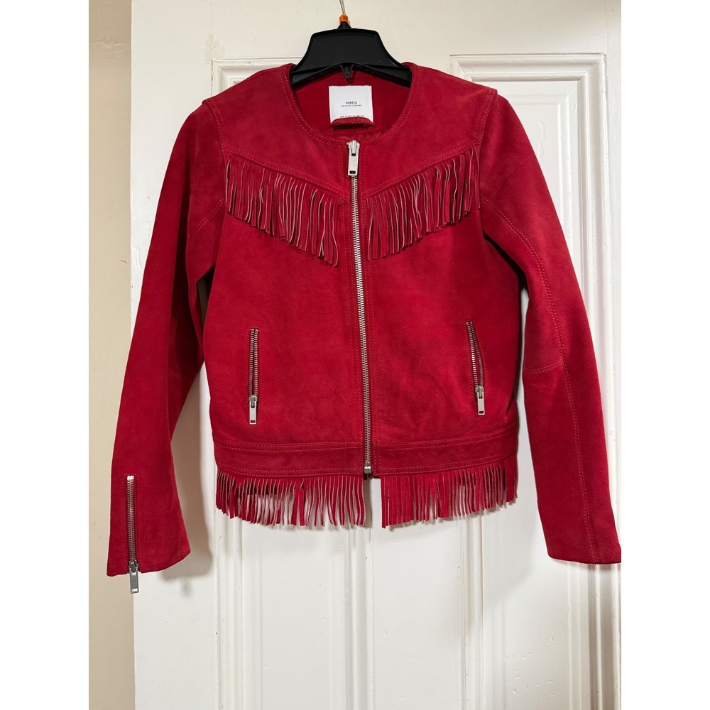 MNG‎ Mango Red Genuine Suede Leather Fringe Western Jacket Womens XS Zip Up